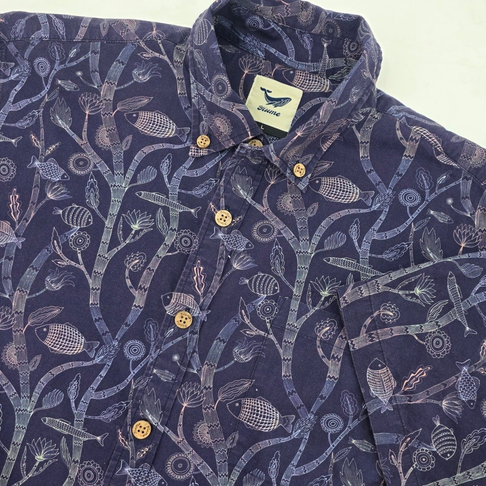 YIUME HAWAIIAN SHIRT MENS LARGE FISH WALTZ ALL OVER PRINT NINA LETH OCEAN ALOHA